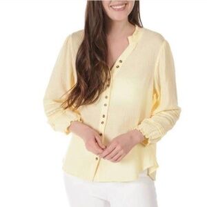 Women's Democracy Button Up Gauzy Muslin Waffly Yellow Tunic Blouse 2X